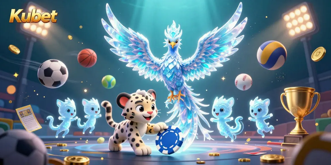 Kubet showcases an enchanting scene with an ice phoenix, snow leopard, sports elements, and vibrant lighting.