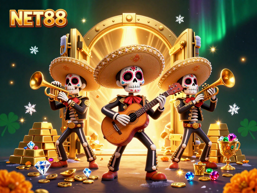 Spin to win with NET88 in a vibrant 3D casino scene featuring mariachi skeletons.