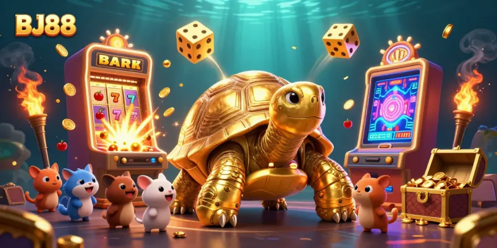 BJ88 gameplay surrounded by dynamic casino elements, including a chaotic pinball tortoise and slot machine.