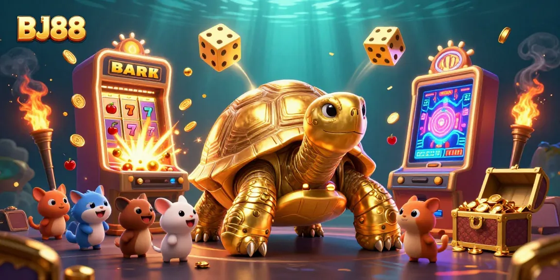 BJ88 gameplay surrounded by dynamic casino elements, including a chaotic pinball tortoise and slot machine.