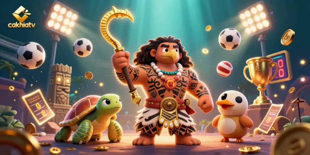 Cakhiatv features a dynamic illustration of a demigod and a turtle amidst glowing betting elements and sports balls.