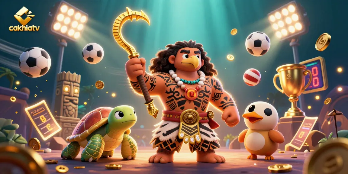 Cakhiatv features a dynamic illustration of a demigod and a turtle amidst glowing betting elements and sports balls.