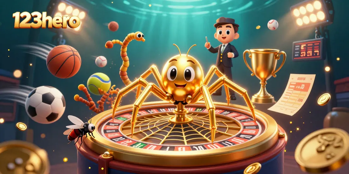 Experience thrilling wins at 123hero with a dynamic illustration of a roulette wheel, spider dealer, and sports-themed elements.