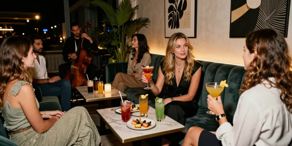 Izmir bayan escort enjoying an upscale nightlife experience in a stylish lounge with vibrant atmosphere.