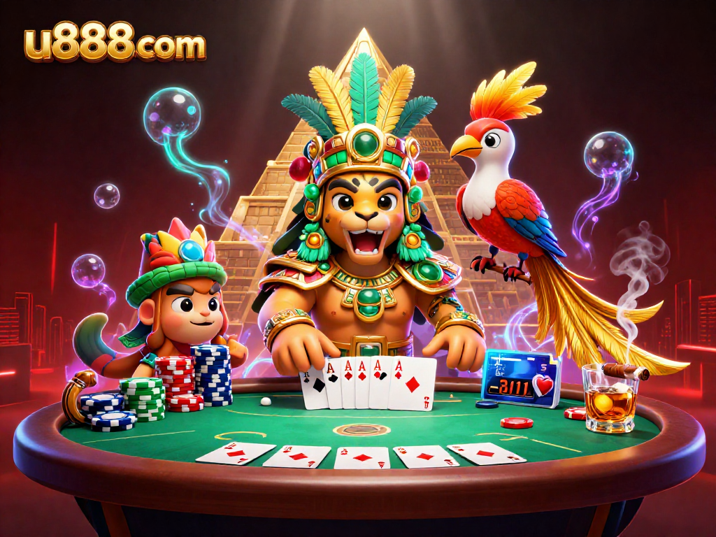 Experience thrilling poker action at u888com with vibrant Mayan-inspired casino elements.
