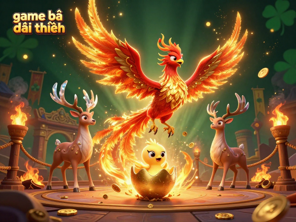 Experience the excitement of game bài đổi thưởng with a dynamic 3D scene featuring a majestic phoenix and vibrant symbols.
