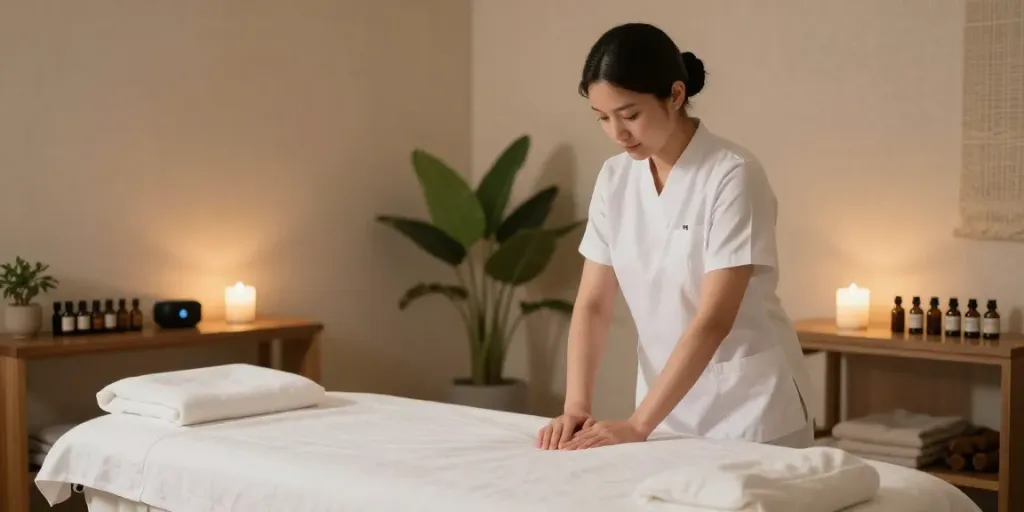 Professional massage therapist preparing for 구로출장안마 appointment in a serene wellness room.