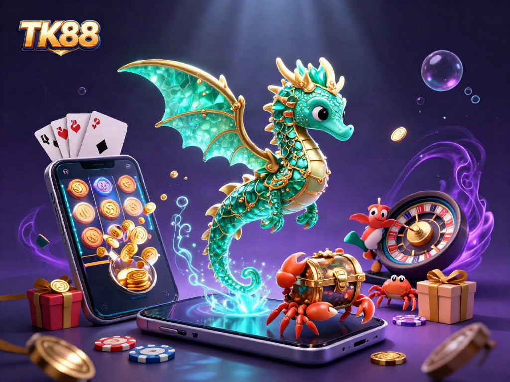 Experience TK88's colorful slot adventures with treasure-filled sea dragons and vibrant game elements.