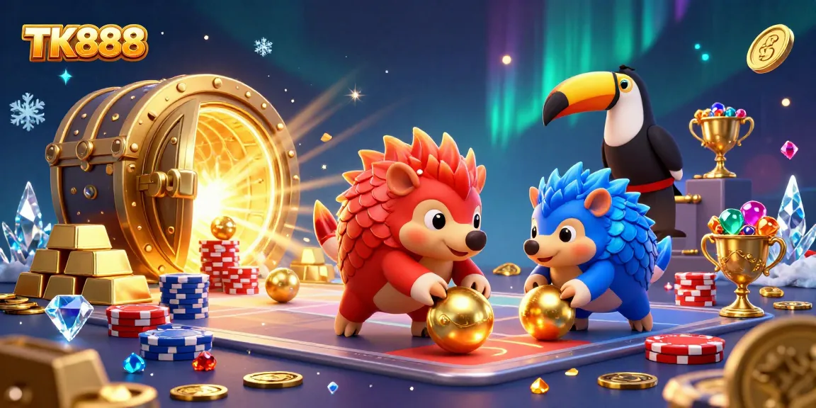 Engage in the TK888 casino adventure as rival pangolins compete in a vibrant gaming scene bursting with treasures.