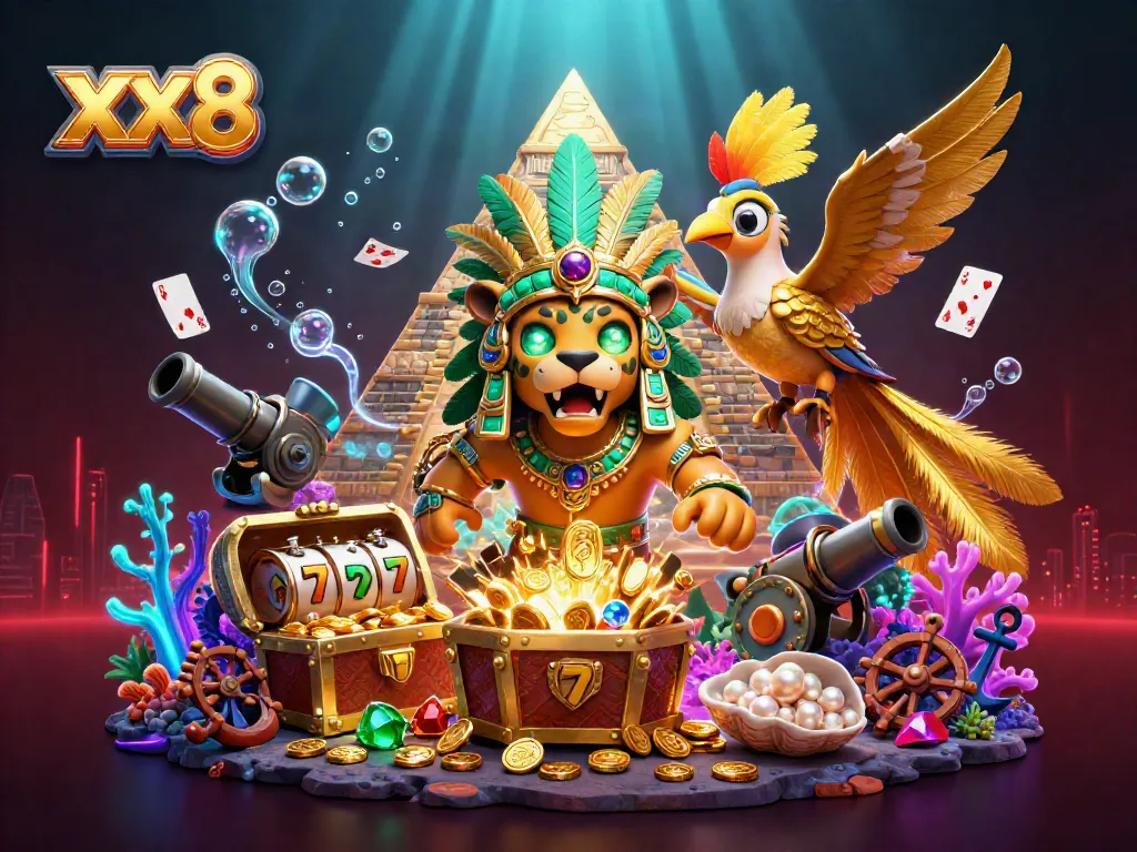 Experience exciting xx8 gameplay with a dynamic casino scene featuring slot reels and glowing treasures.