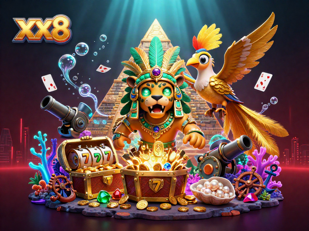 Experience exciting xx8 gameplay with a dynamic casino scene featuring slot reels and glowing treasures.
