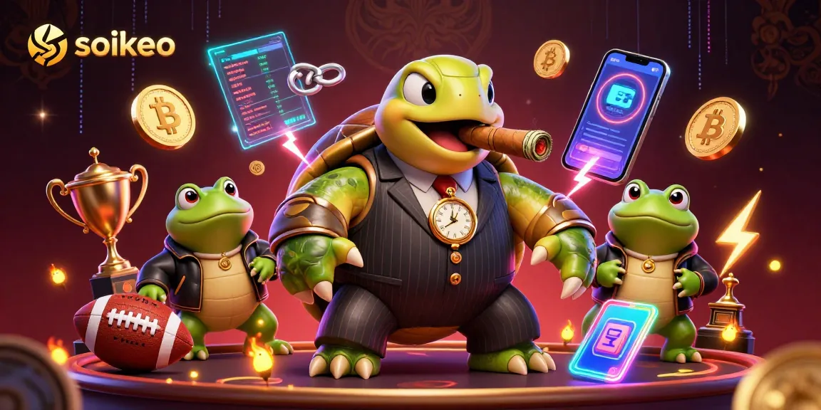 Experience dynamic sports betting action with soikeo's engaging illustration featuring a turtle in a suit.