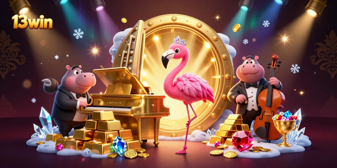 Engage with 13win's vibrant casino scene featuring a colorful flamingo singer and a hippo bassist.