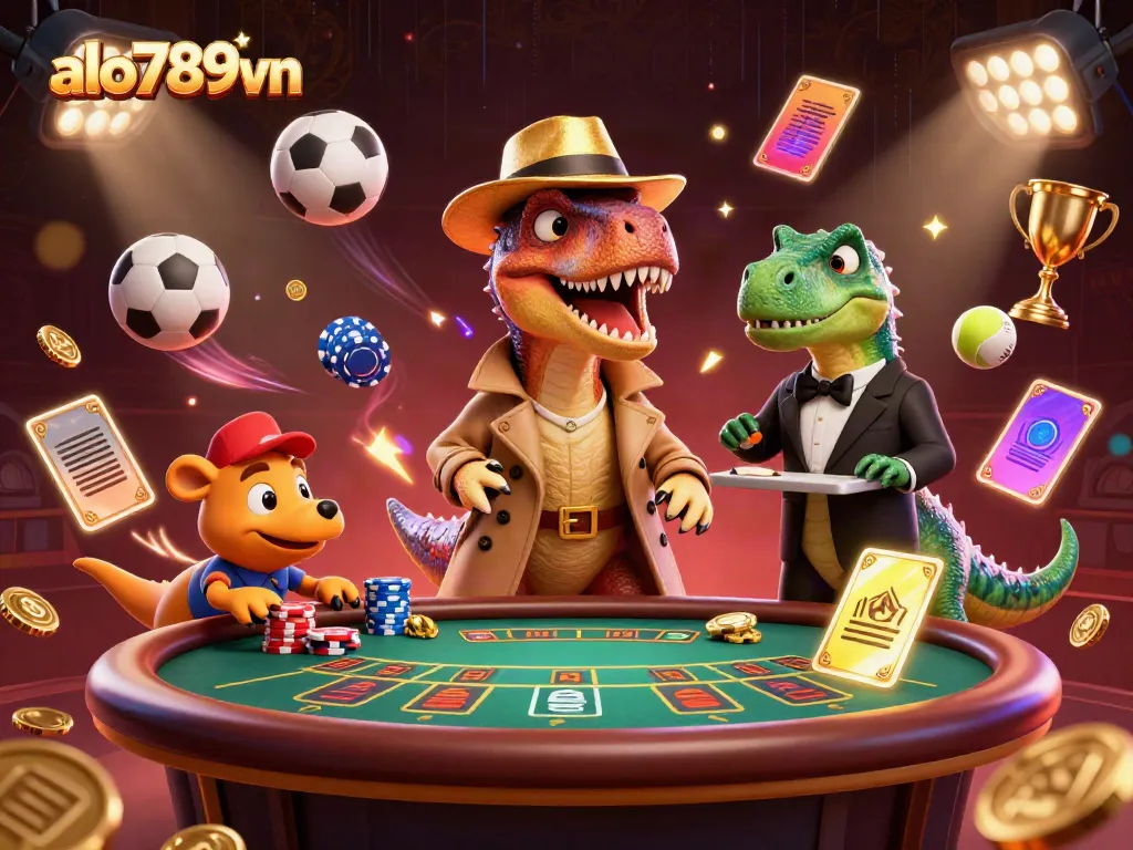 Join the action with alo789vn as cartoon dinosaurs engage in a high-stakes blackjack game.
