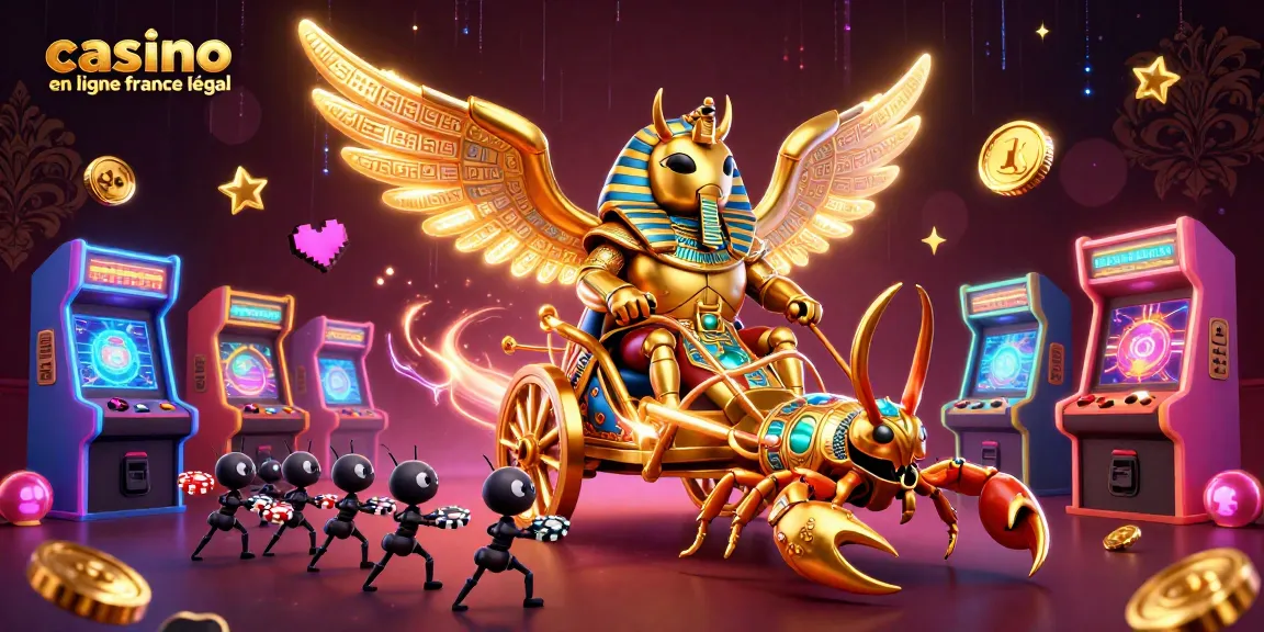 Illustration 3D de "casino en ligne France légal" avec scarabée d'or et scorpions, ambiance dynamique et éléments de jeu.