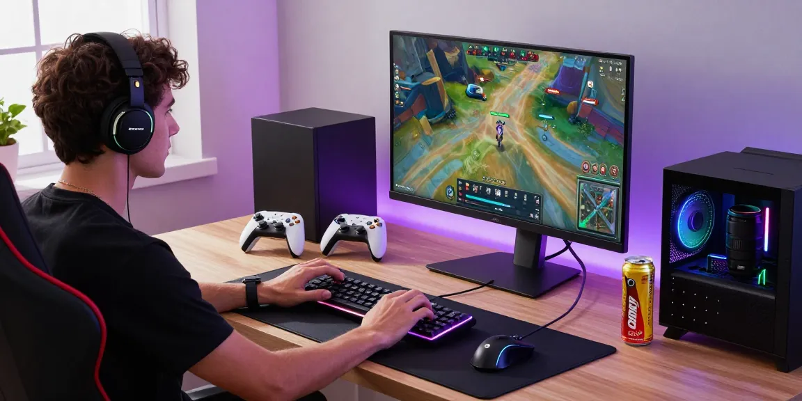 Dynamic gamer testing wireless keyboard and headset in stylish home office from https://rokok88.jp.net