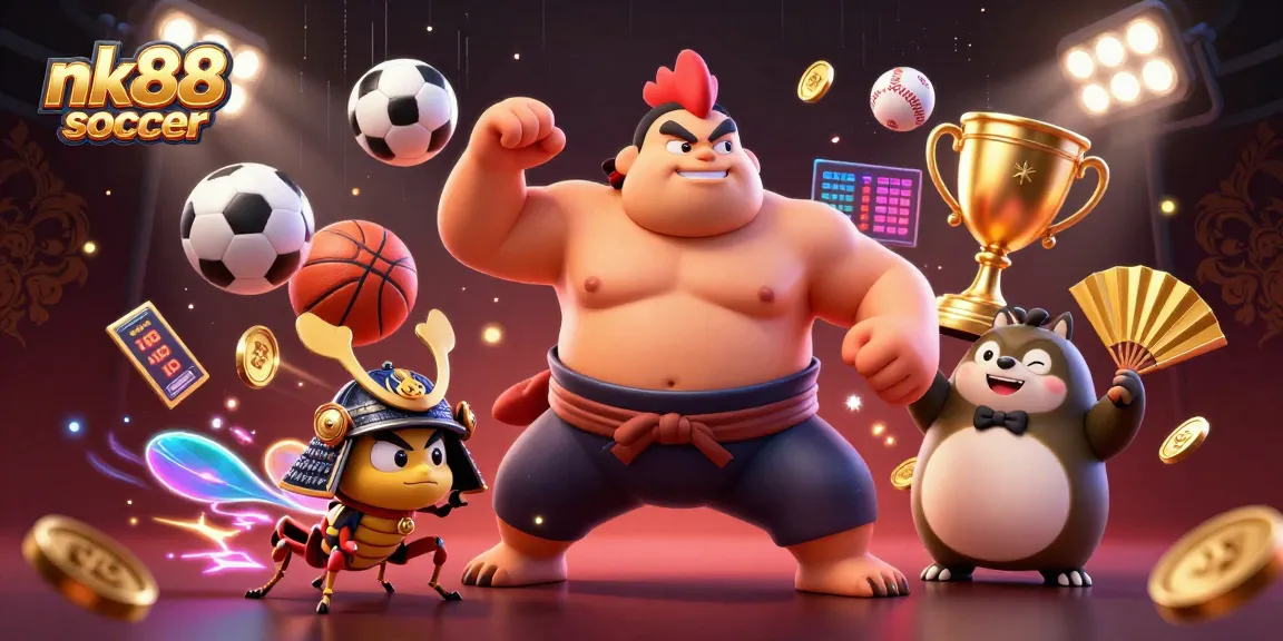 Nk88 soccer showcases a dynamic 3D scene with a powerful sumo rooster and samurai cricket in a vibrant casino environment.