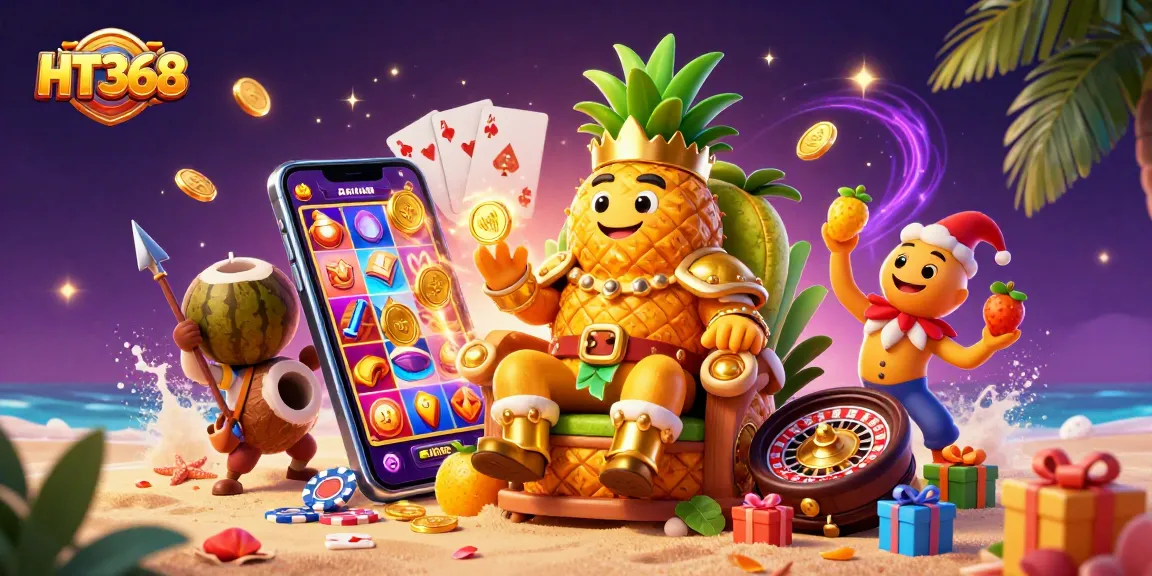 Engage with HT368's thrilling casino experience featuring a golden pineapple king and exciting games.
