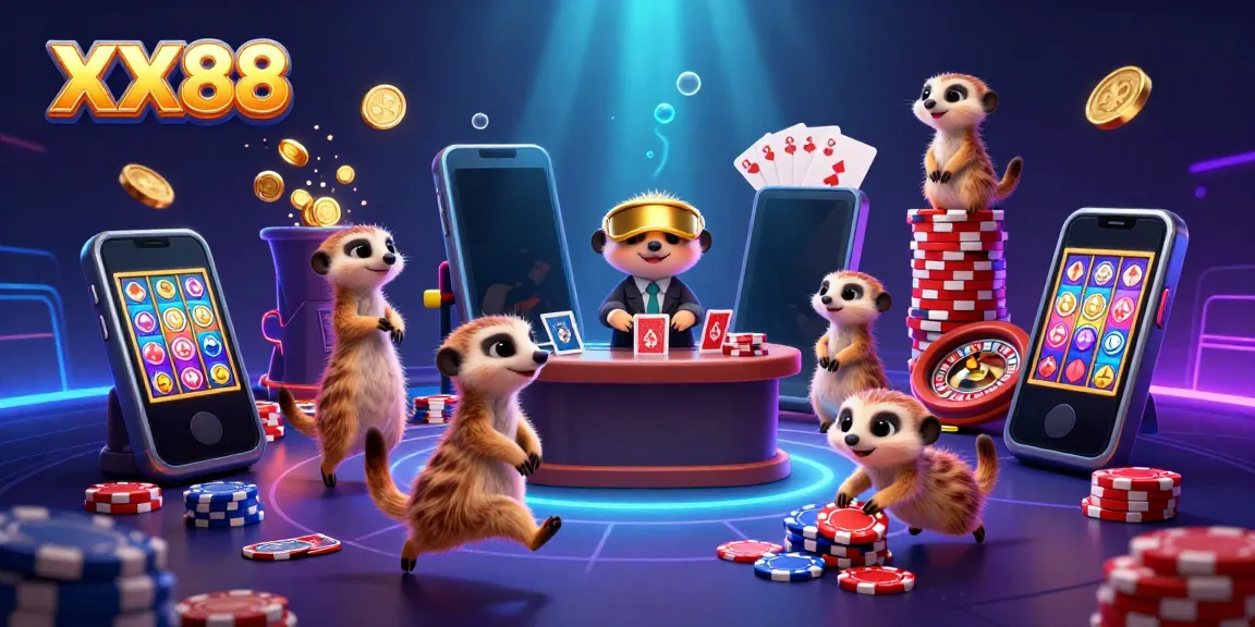 Bet at XX88 Casino with animated meerkats running a vibrant casino scene featuring slot games and poker chips.