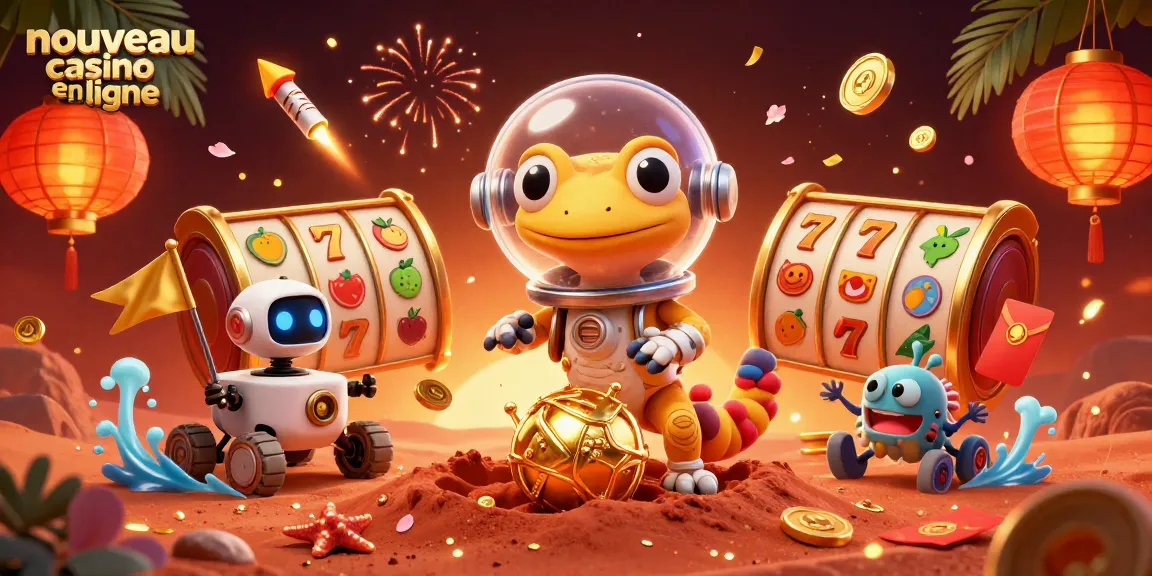 Un nouveau casino en ligne à explorer : un gecko martien découvre un casino doré sur Mars entouré de symboles de jeu.
