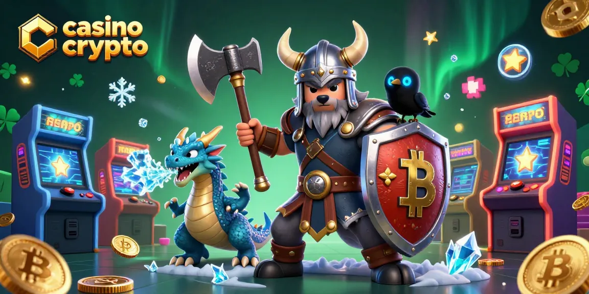 Le casino crypto anime des personnages comme un loup viking et un dragon, entourés de pièces colorées.