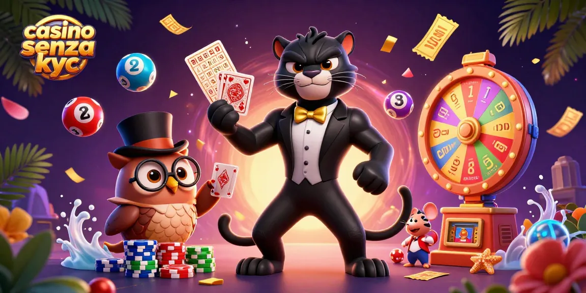 Gioca nel casino senza KYC con divertenti personaggi animati in un'illustrazione vivace.