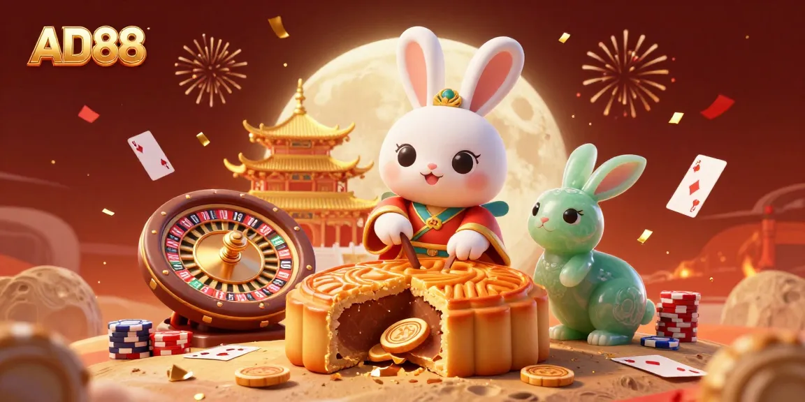 Spin the roulette wheel as AD88 dazzles with a vibrant casino scene featuring moon rabbits and poker.