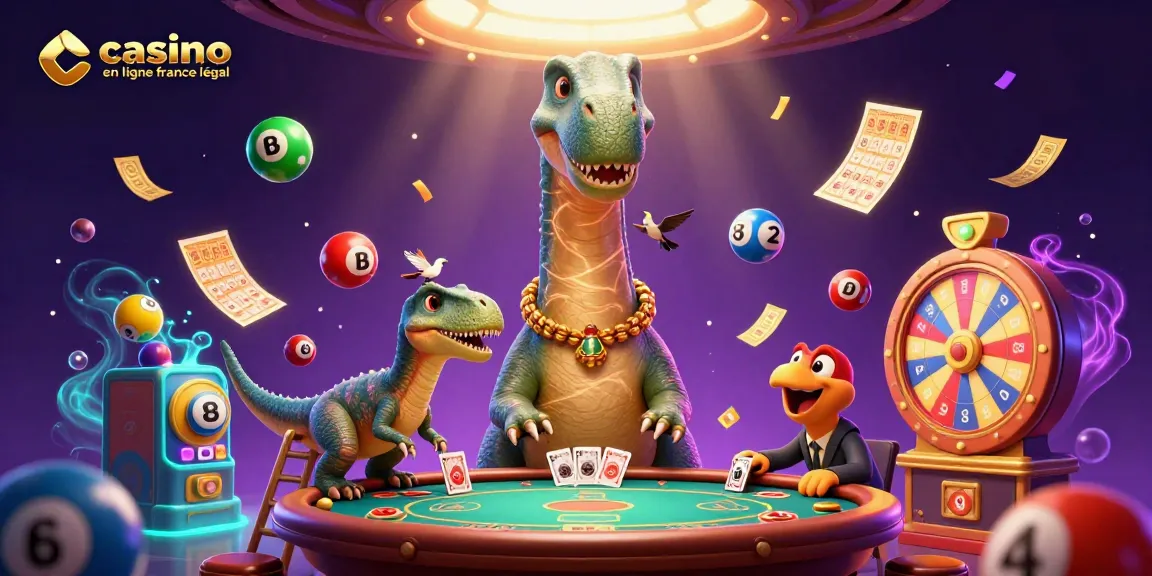 Illustration dynamique d'un brontosaurus dans un casino, représentant le casino en ligne légal en France en jouant aux cartes.
