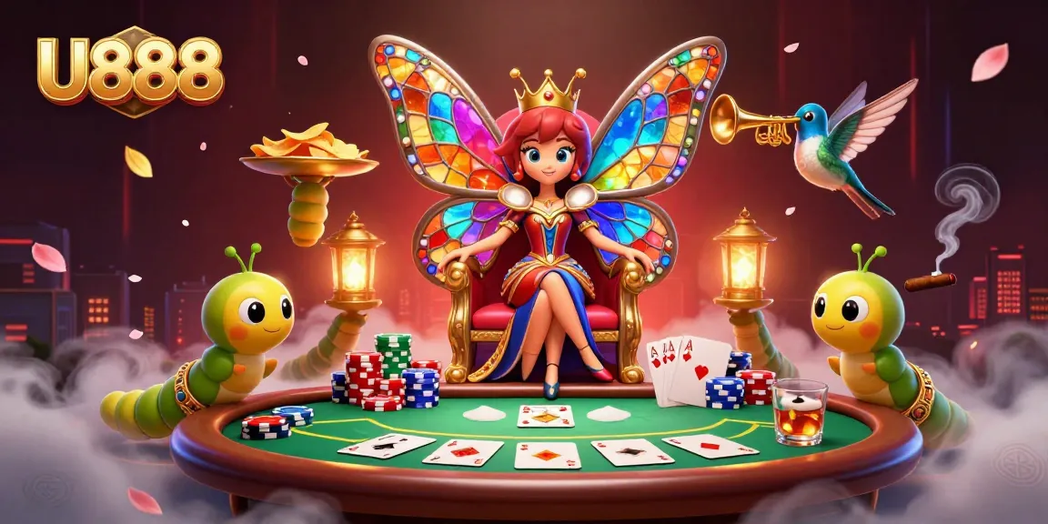 U888 queen commands the table as players enjoy high-stakes poker in a vibrant casino scene