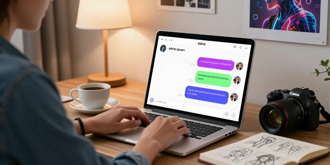 AI chat NSFW interaction on a cozy laptop setup with vibrant chat bubbles and creative surroundings.