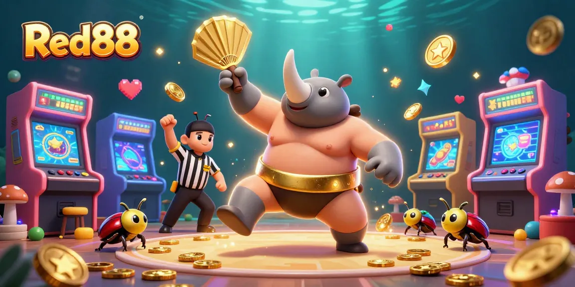 Experience exciting games at Red88 with a vivid illustration of a sumo beetle champion amidst colorful casino elements.