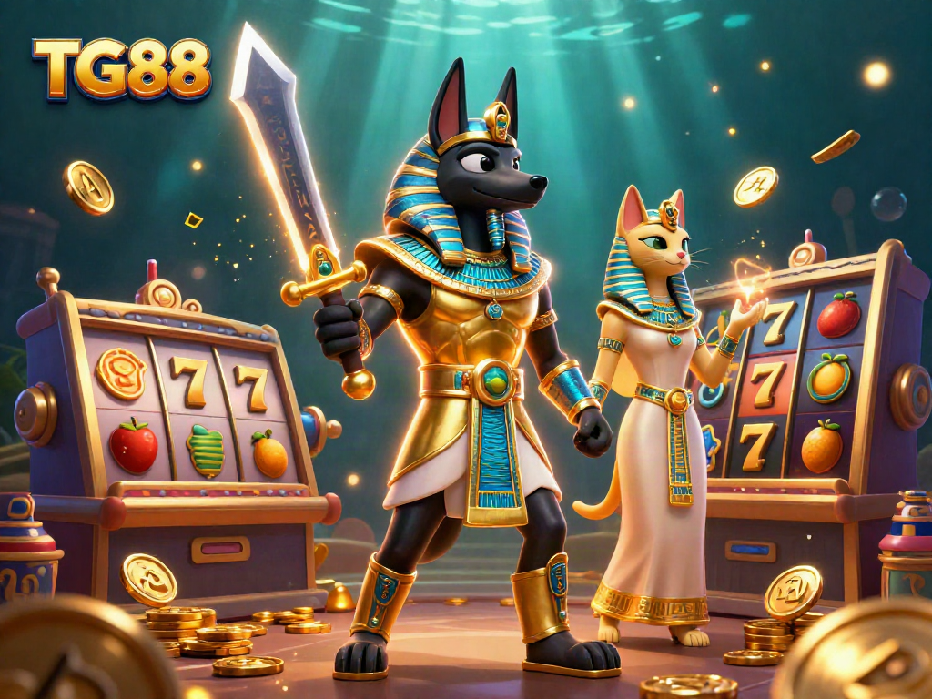 TG88 illustrates a vibrant casino scene with ancient Egyptian characters, slot machines, and gold elements for engaging gambling.