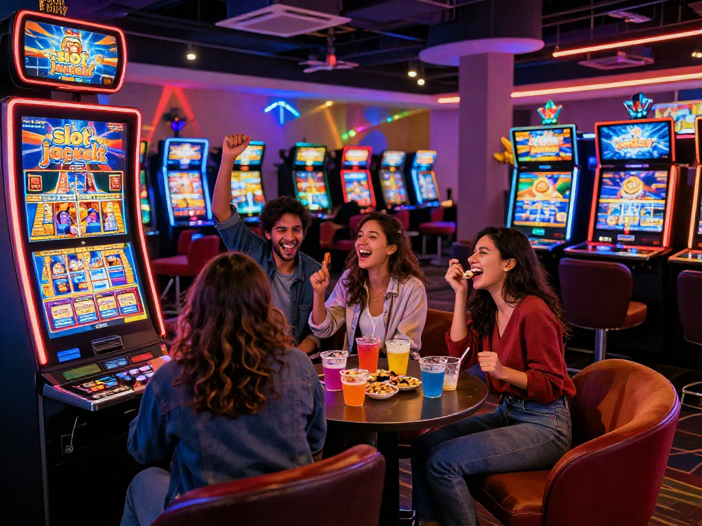 Group of friends celebrating near a digital slot jackpot in a lively casino atmosphere.