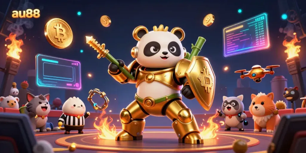 Experience the action at au88 with a dynamic mech-suit panda and vibrant crypto elements in a lively casino arena.