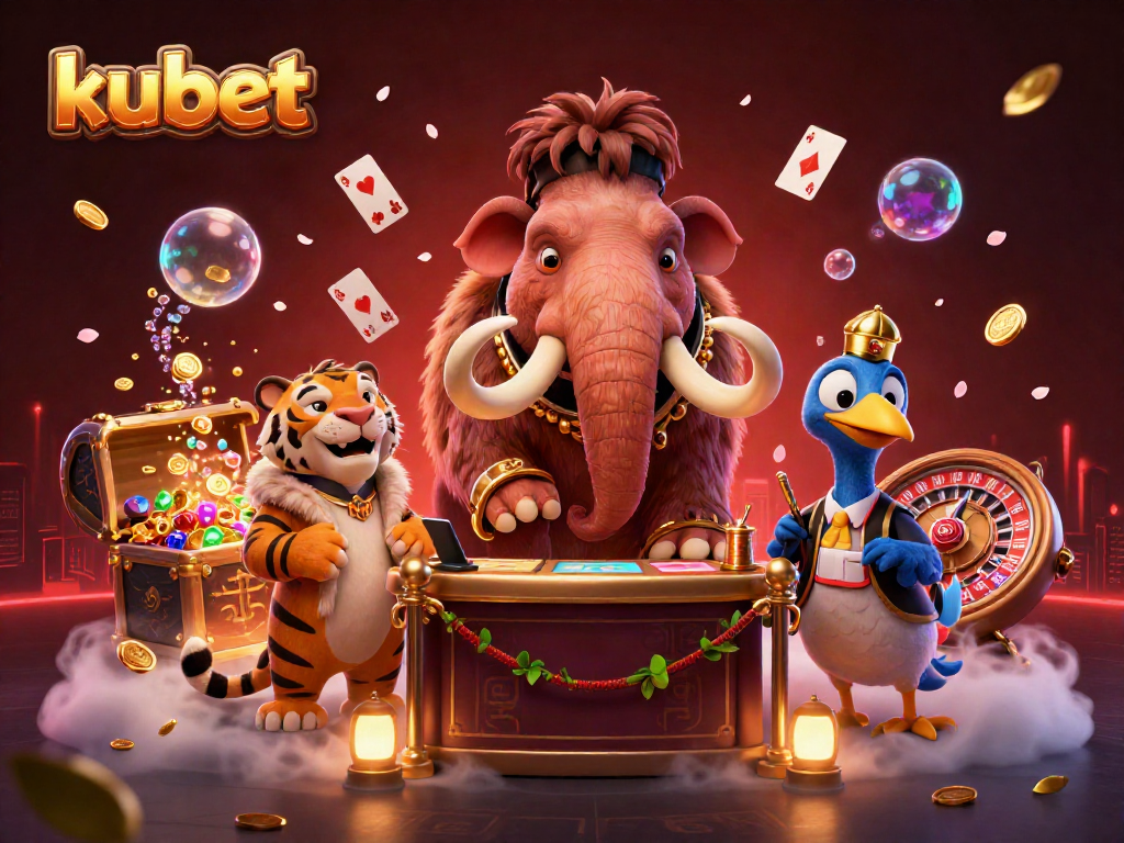 Kubet bouncer checks ID of a saber-tooth tiger VIP with floating playing cards in a vibrant casino setting.