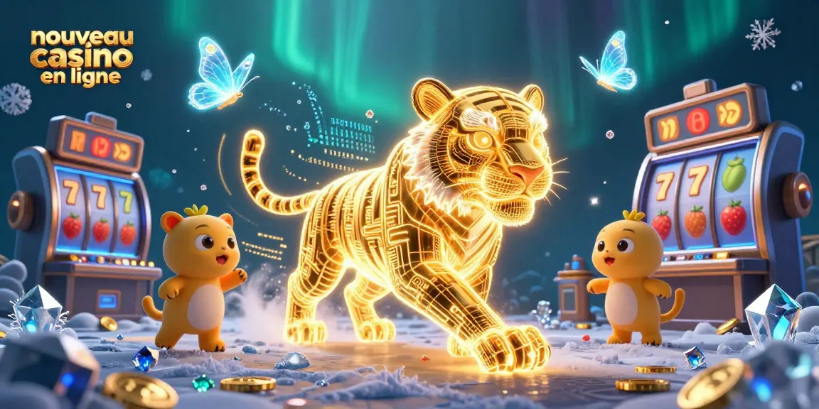 Illustrez un casino digital vibrant avec le nouveau casino en ligne, des tigres, et des jackpots.