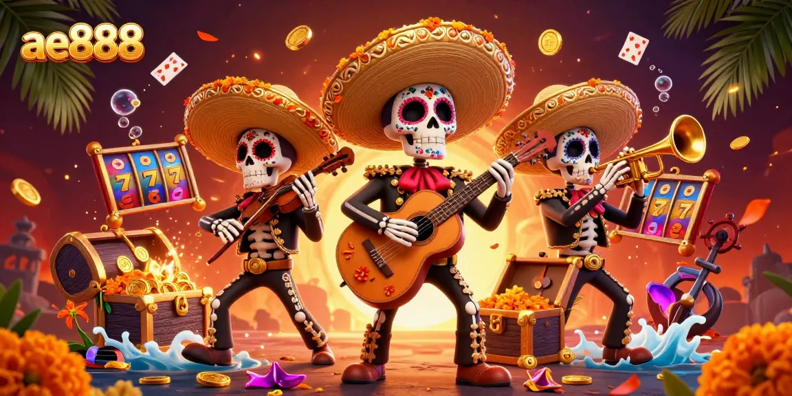 Experience gaming excitement with ae888 slot reels and vibrant mariachi band in an electrifying casino scene.