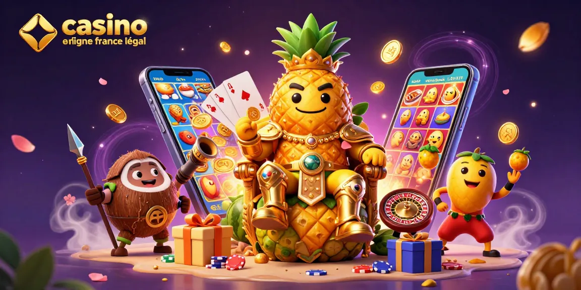 Célébrez le casino en ligne France légal avec une illustration captivante de jeux, de jackpots et de roi des fruits.
