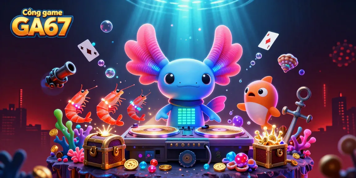 Cổng game GA67 offers an immersive online gaming experience with lively animations of characters dancing amidst a vibrant underwater casino.