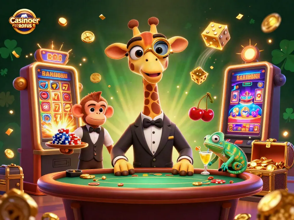 Experience the thrill with casinoer uden ROFUS and engaging characters in this vibrant casino illustration.