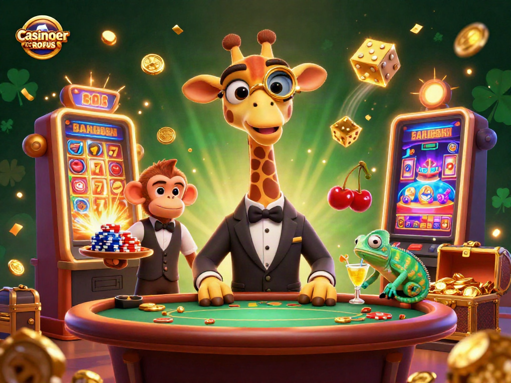 Experience the thrill with casinoer uden ROFUS and engaging characters in this vibrant casino illustration.