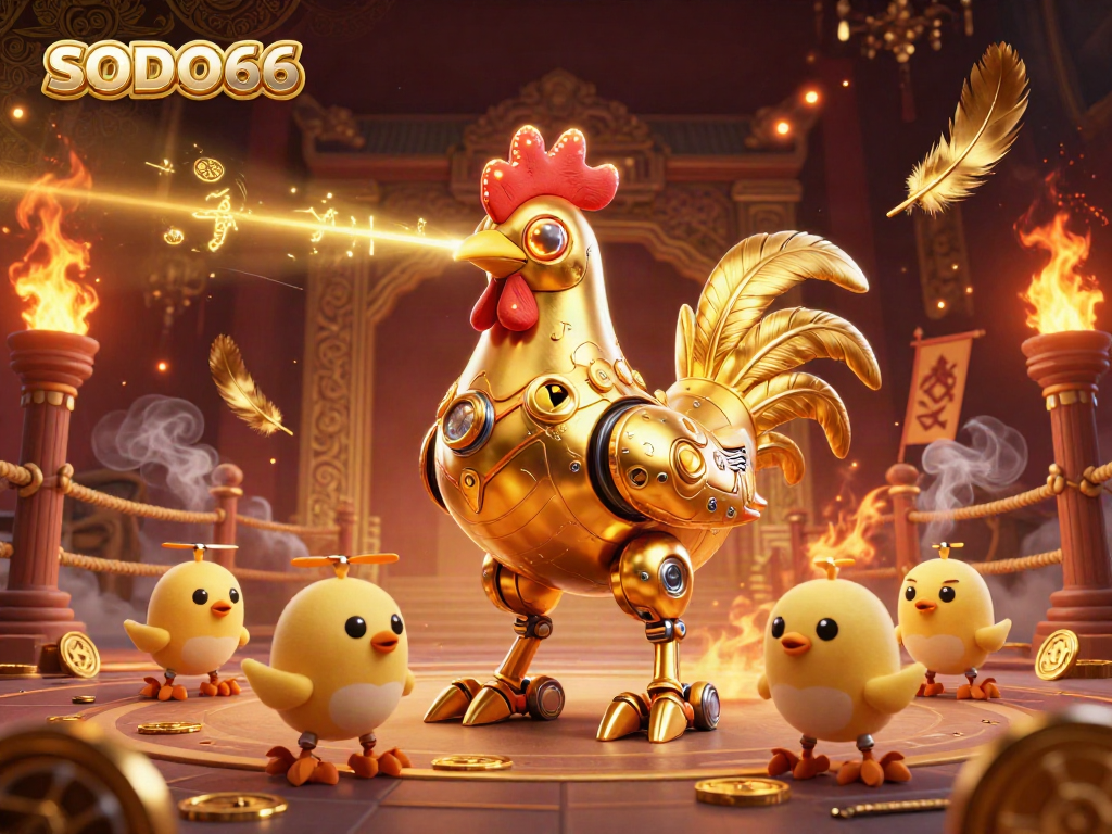 SODO66 presents a dynamic scene with a golden rooster robot, baby chick drones, and casino elements, showcasing excitement.