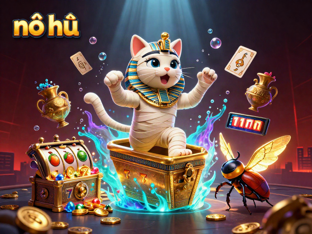 Experience the thrilling nổ hũ vibes with a mummy cat in a golden sarcophagus bursting with excitement.