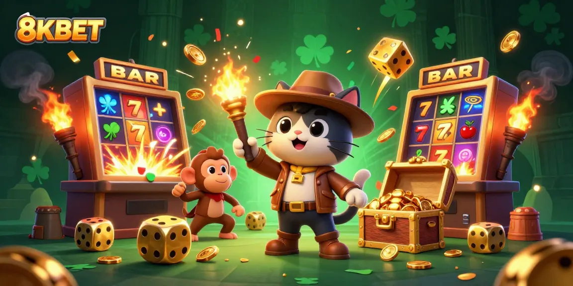 Experience the excitement of 8KBET with exploring characters discovering treasures, surrounded by casino elements.