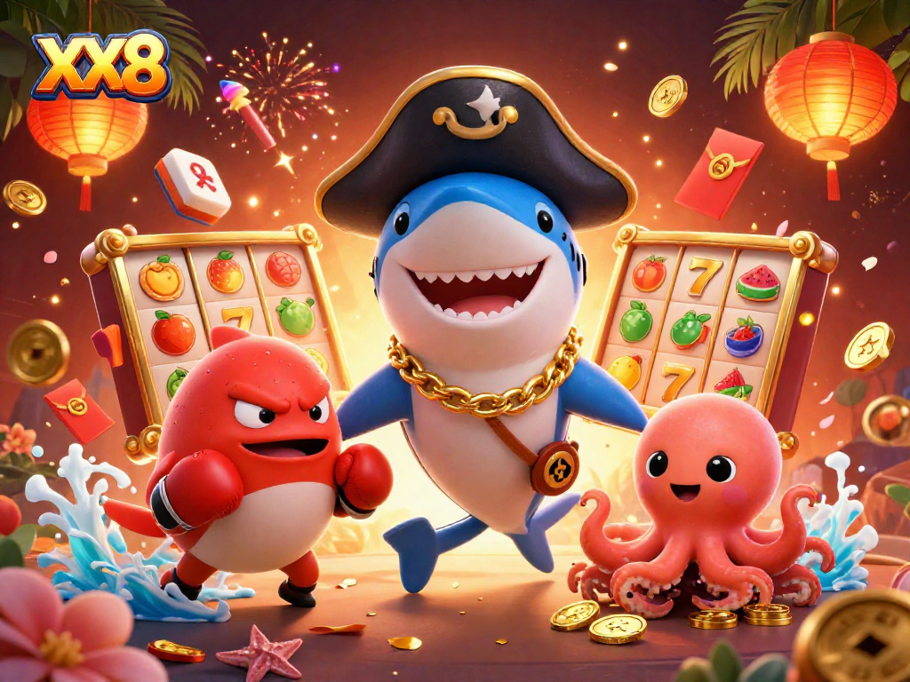 Engage with XX8's thrilling slots experience, featuring playful cartoon characters and vibrant game elements.