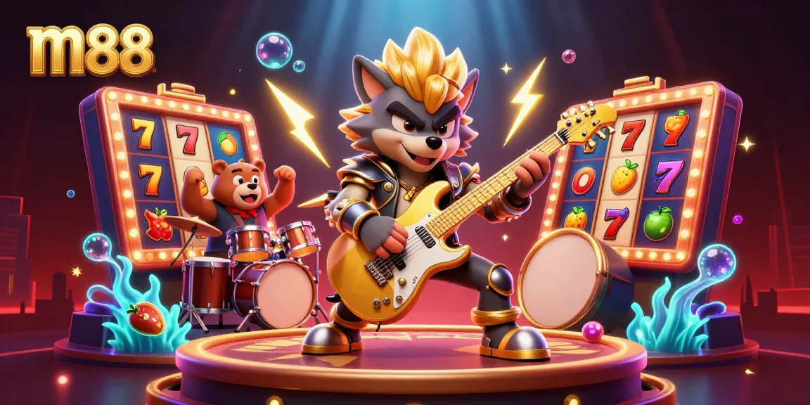 Engage with m88’s exciting online slots as a cartoon wolf rock star energizes the casino stage.