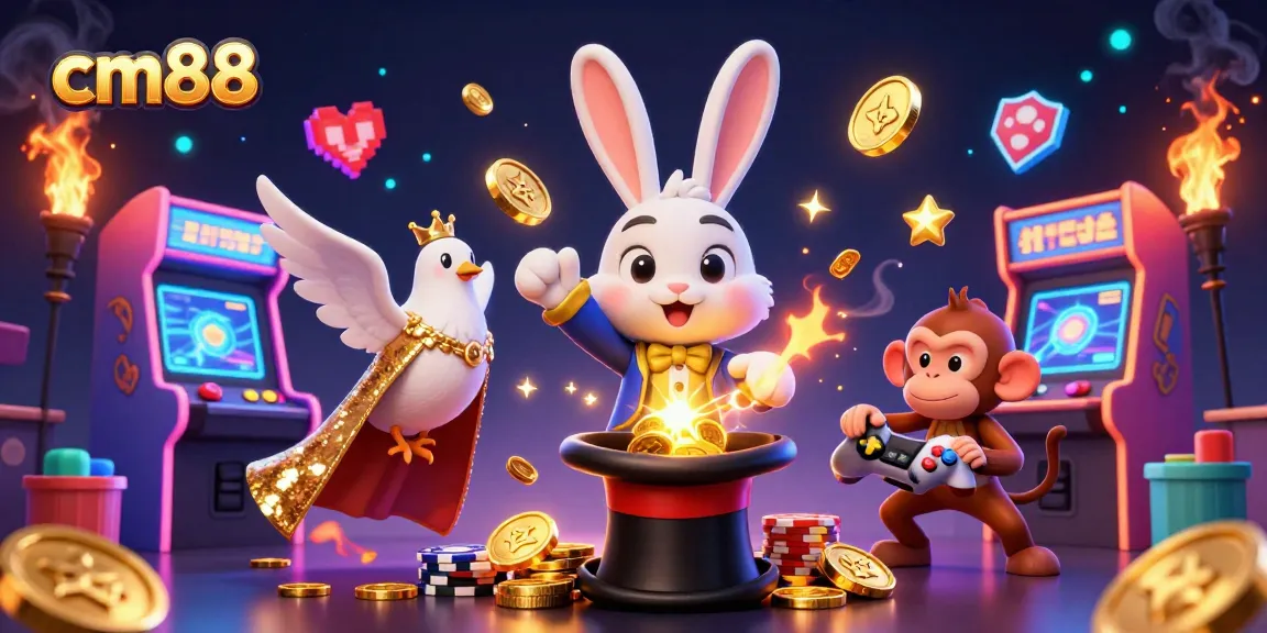 Experience cm88 through a vibrant scene showcasing a magician rabbit and playful characters amidst cascading casino gold.