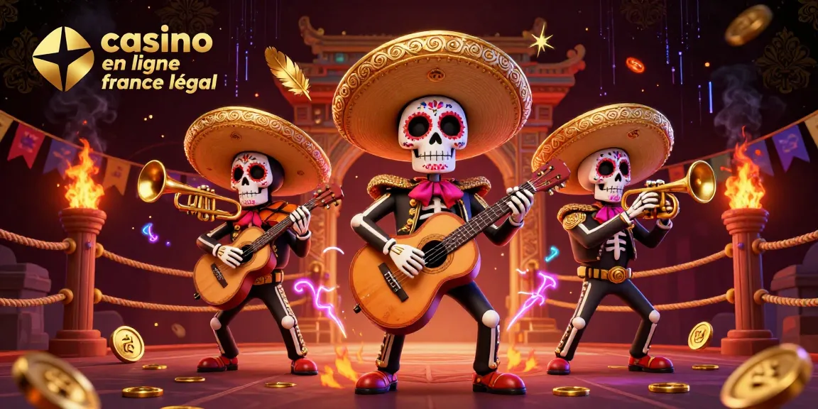 Scène animée illustrant le casino en ligne France légal avec des mariachis, jetons d'or et énergie immersive.