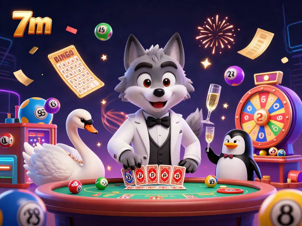 Engage with thrilling 7m casino action featuring a wolf at a baccarat table, a swan dealing cards, and a penguin sommelier.