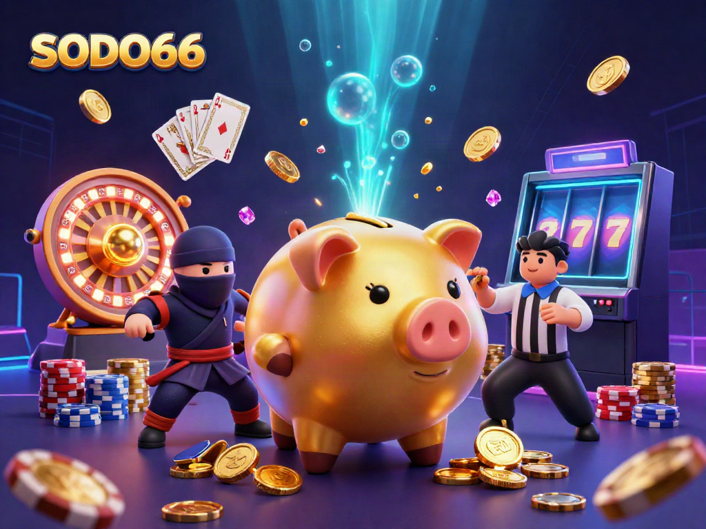 SODO66 promotes a cartoon scene with a golden piggy bank winning coins, alongside dynamic gambling elements.